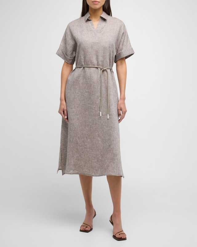 Belted Bead-Trim Linen Midi Shirtdress